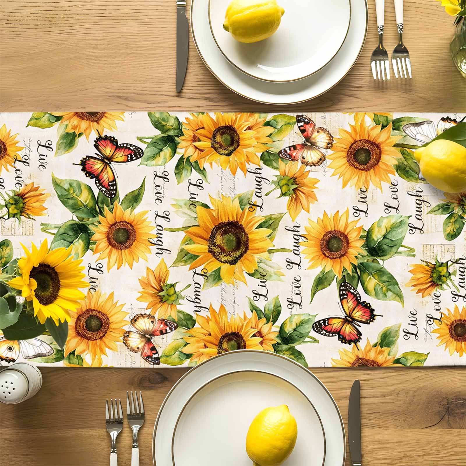 Watercolor Sunflower Butterfly Green Plants Table Runner 90 Inches Long, Blossom Floral Seamless Table Runners Tabletop Scarf Kitchen Dining Tables Decoration for Home Party Indoor Outdoor