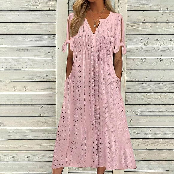 Meichang Women's Dresses Summer V Neck Button Tie Short Sleeve Dresses Eyelet Embroidery Pleated Solid Color Midi Dresses Flowy A-Line Dresses with Pockets Pink M