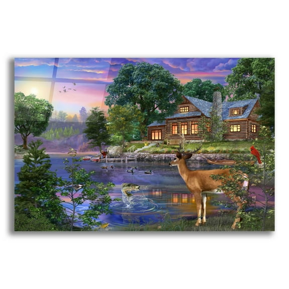 Epic Art 'White Tail Deer Lakehouse' by Bigelow Illustrations, Acrylic Glass Wall Art, 16"x12"