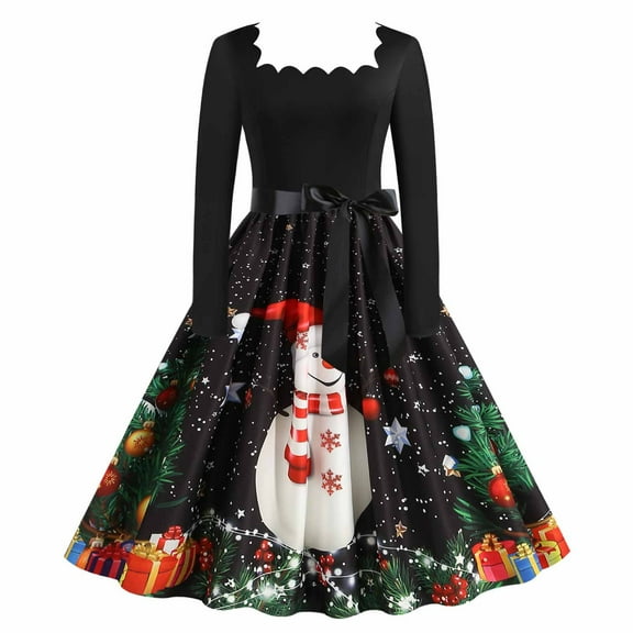 OKBOP Medieval Dress for Women,Fashion Womens Bowknot A Line Flare Vintage Dress Prom Swing Long Sleeve Printing Christmas Xmas Party Dress Formal Dress