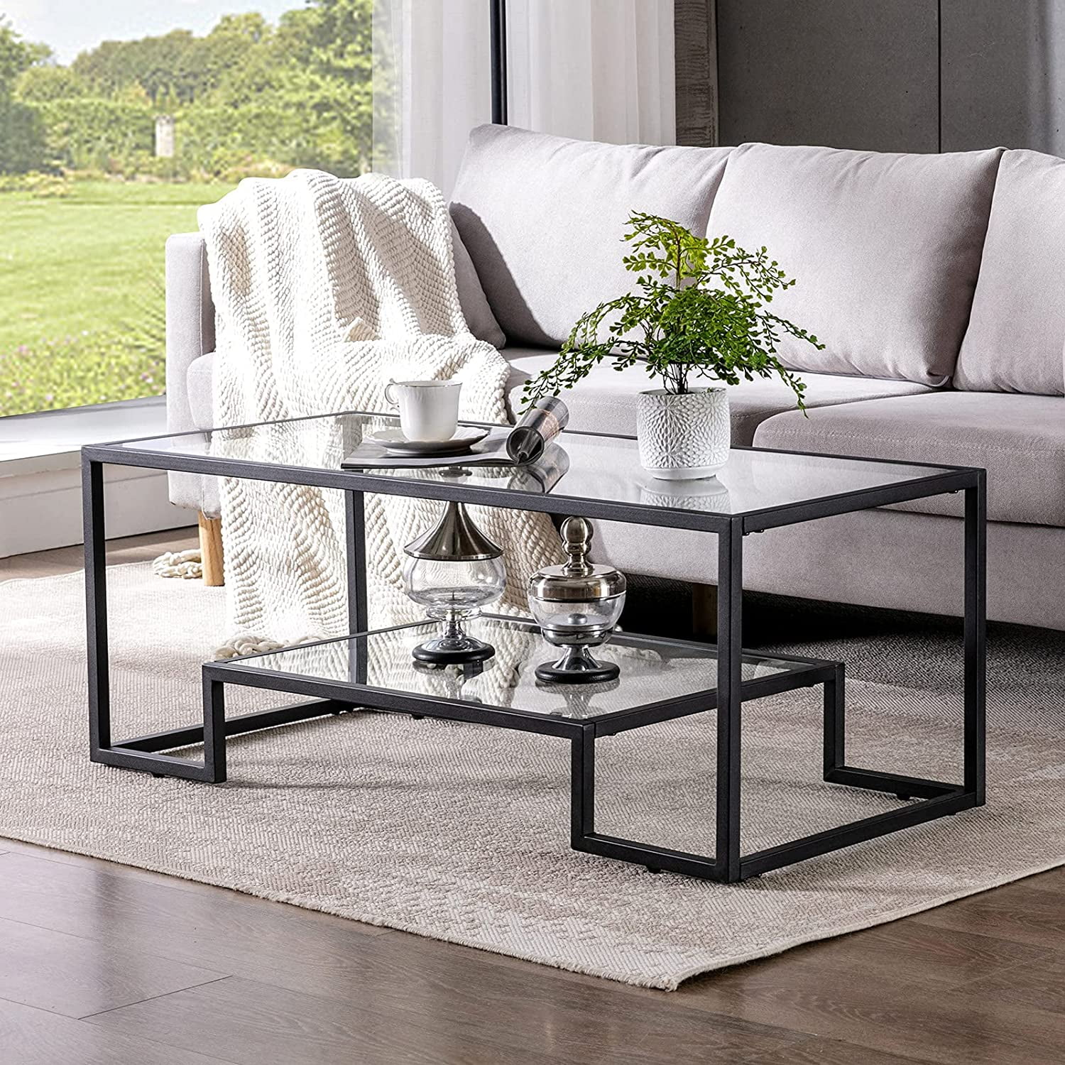 COSVALVE Rectangle Glass Coffee Table Black Metal Frame with Shelf
