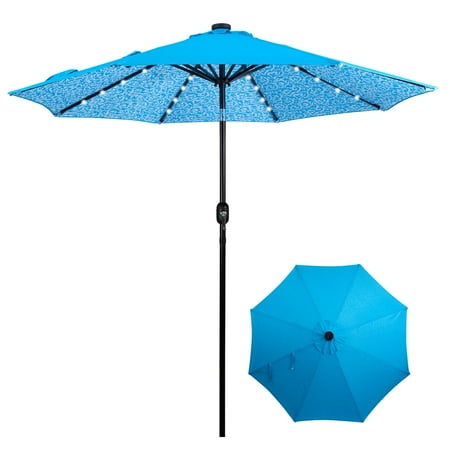 Backyard Expressions 9ft Solar Patio Umbrella with 32 LED Lights – Outdoor Market Umbrella with Tilt & Crank, Solar-Powered Lighting, Water-Resistant Fabric for Patio, Deck, Garden, Pool