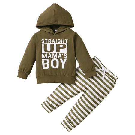 

KIMI BEAR Newborn Boys Outfits 3 Months Newborn Boy Fall Clothing Set Casual Letter Print Hooded Long Sleeve Hoodie Stripe Pants 2PCs Set 3-6 Months Army Green