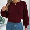 thumbnail image 2 of Htigea Womens Cable Knit Cropped Sweater Fall Lantern Long Sleeve Crew Neck Jumper Loose Casual Pullover Tops Wine S, 2 of 8