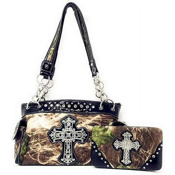 Premium Rhinestone Western Camouflage Cross Womens Shoulder Handbag Purse/Matching Wallet in 7 Colors
