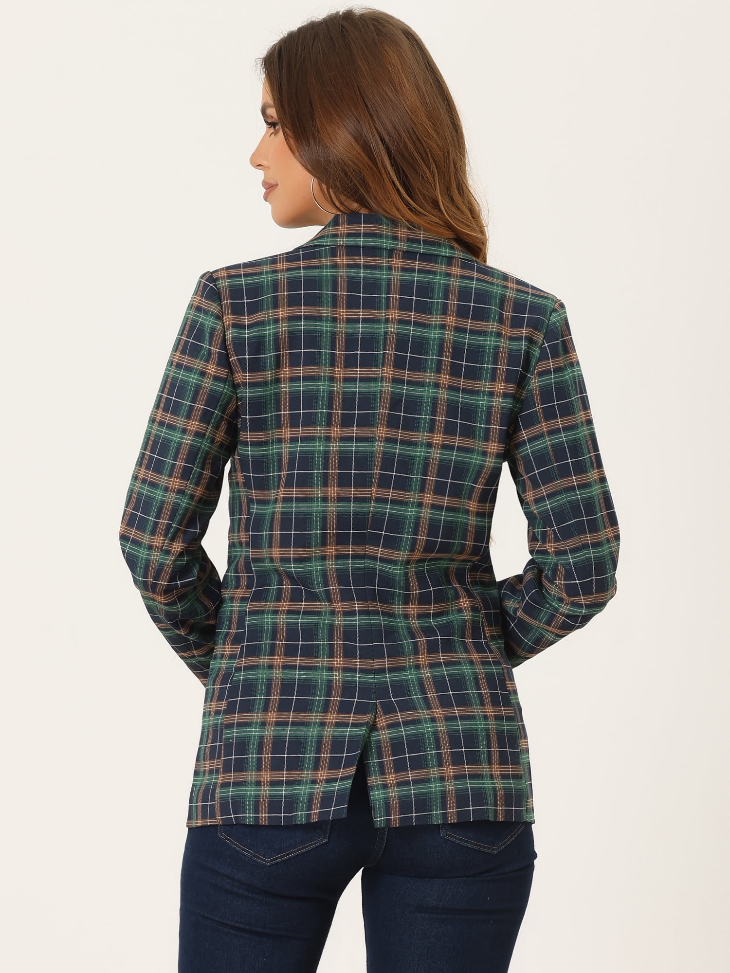 DARING DIVA Women's Boyfriend Notched Lapel One Button Blazer Suit Plaid Blazer Jacket XS Green Blue