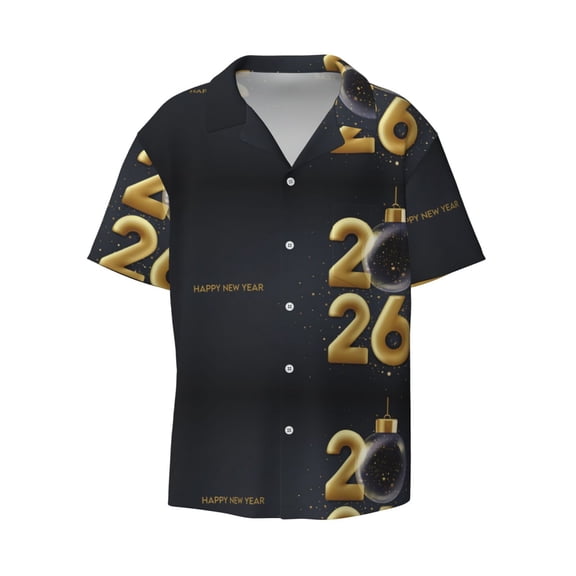 Ratiio Happy New Year 2026 Print Mens Casual Short Sleeve Shirts Button Down Textured Shirts Summer Beach Shirt with Pocket Men's Casual Short-sleeved Shirt