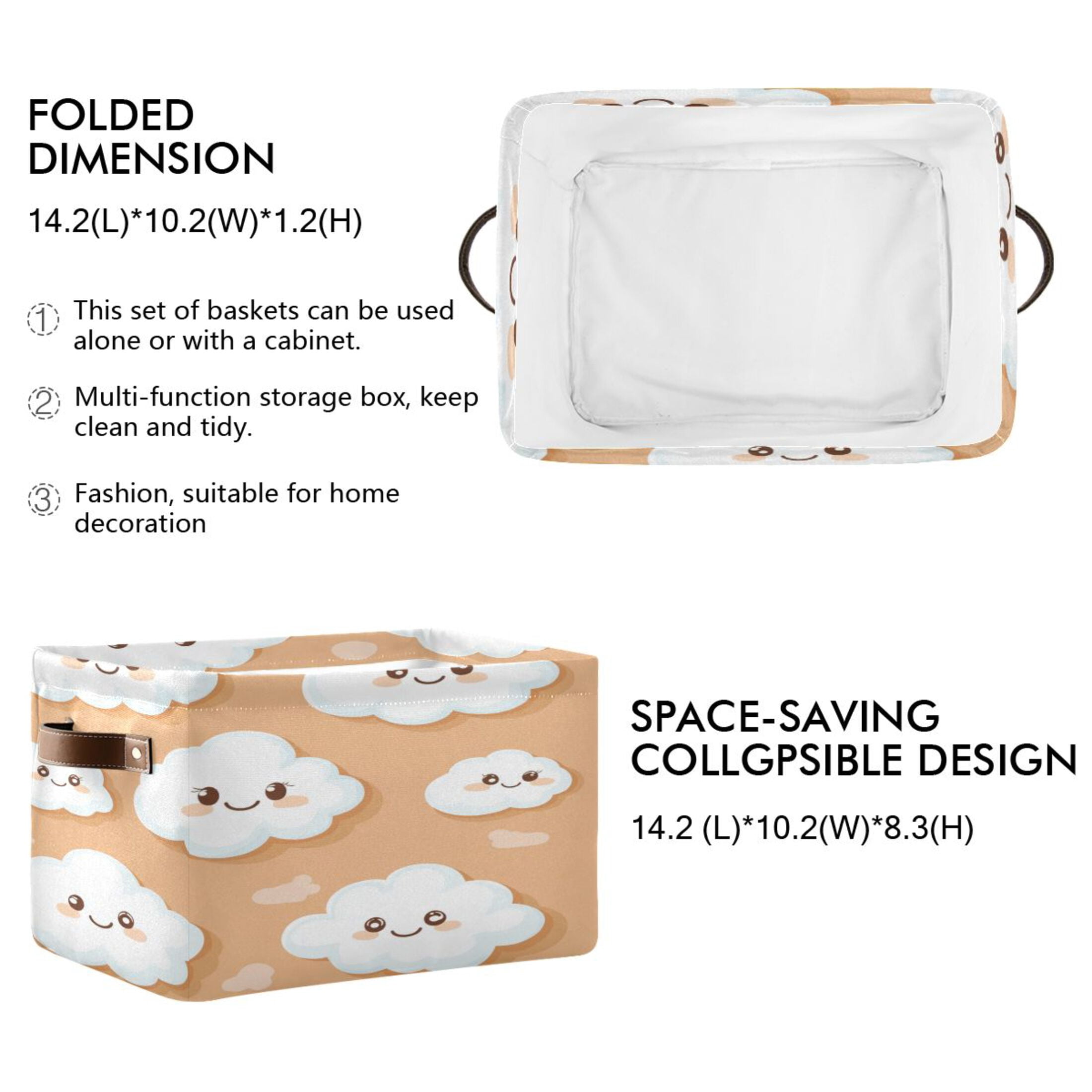 Cute White Clouds Foldable Storage Basket,Canvas Fabric Foldable Storage Bins with Handles Open Home Storage Bins Boxes for Toy Book Shelf Closet Baskets
