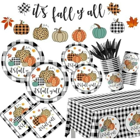 142pcs Fall Dinnerware,Black White Buffalo Plaid Pumpkins Fall Plaid Paper Plates Napkins and Cups Supplies for Autumn Thanksgiving It' Fall Y'all Party Decorations$$Home Decor, Kitchen, & Other