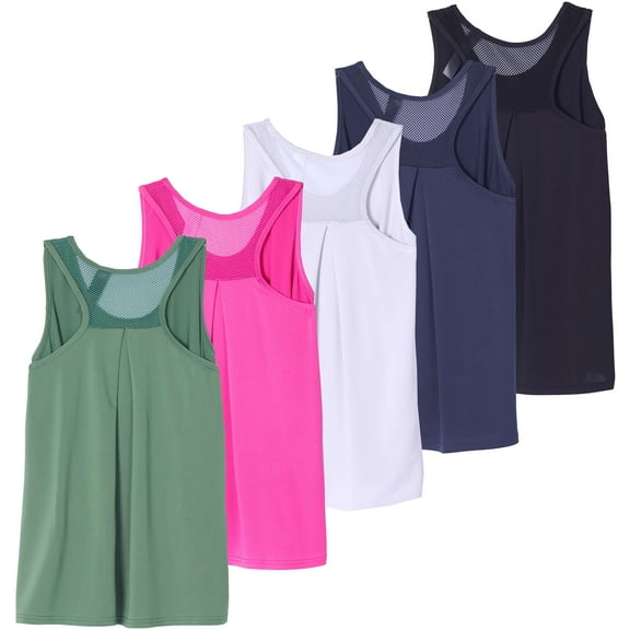 Real Essentials 5 Pack: Women's Racerback Workout Tank Top Mesh Back Dry-Fit Sleeveless Running Gym (Available In Plus Size)