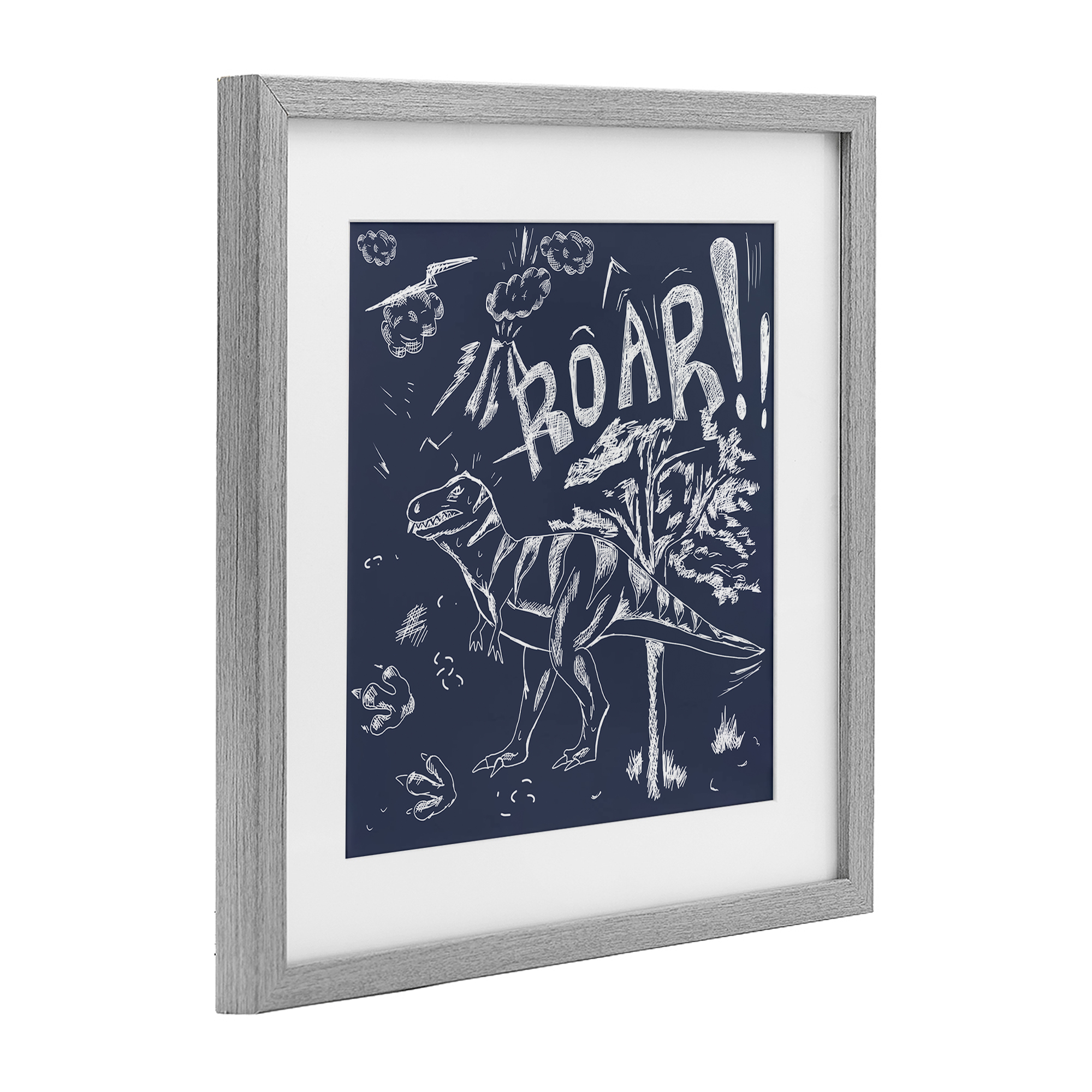 Sketchy Roar Dinosaur Gray Framed Print Under Glass, design by HUE and MI and Sangita