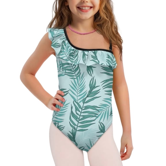 Uorisanigo Palm Leaf Girls Swimsuit One Piece Kids Adjustable Strap Summer Beach Swimwear One Shoulder Pool Party Bathing Suit, Size 3-4