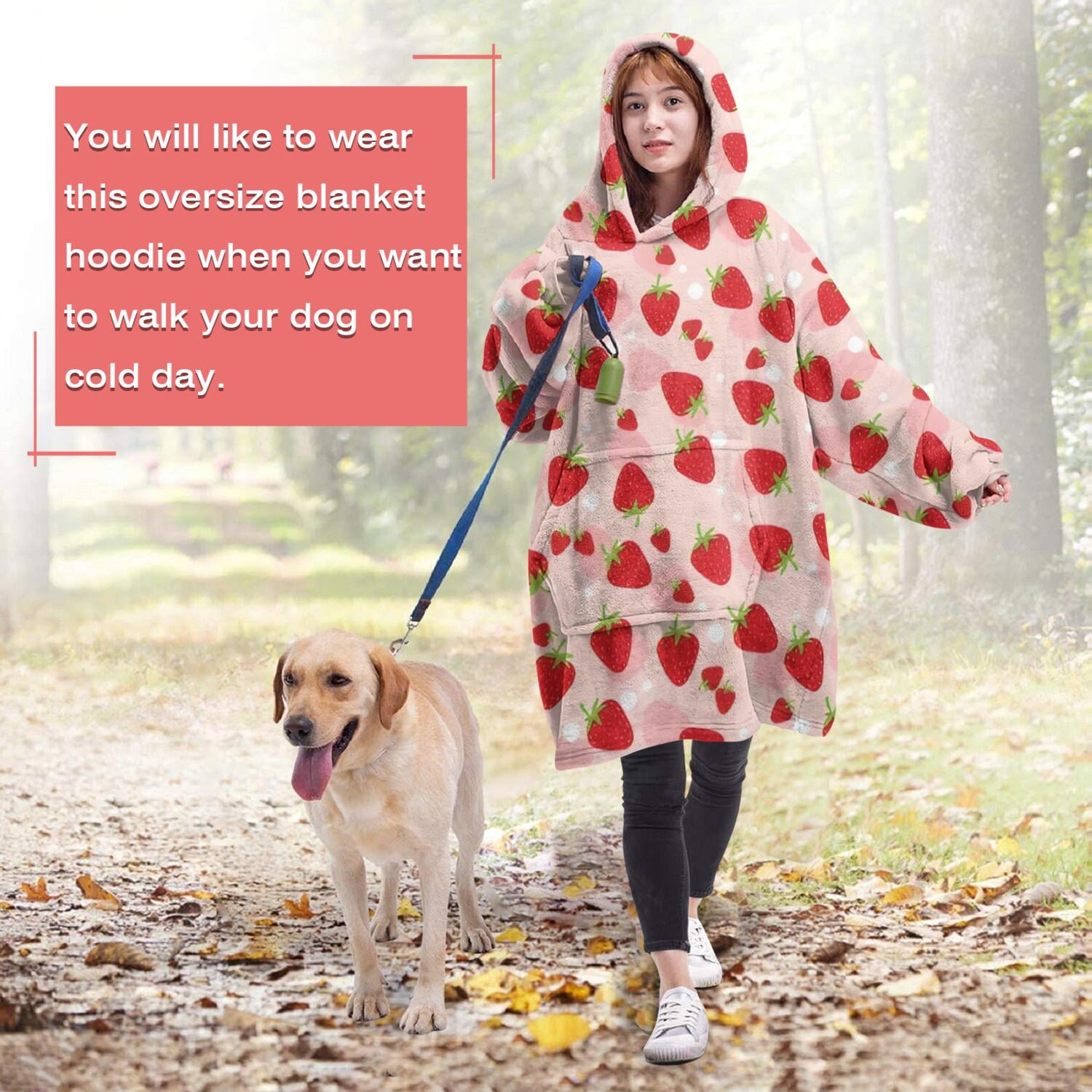Red Strawberry Plants Fruit Dot Pink Pattern Wearable Oversized Blanket,Wearable Blanket Hoodie for Adults,Cozy Hooded Blankets with Super Pockets,Super Warm Fuzzy Pullover for Women & Men