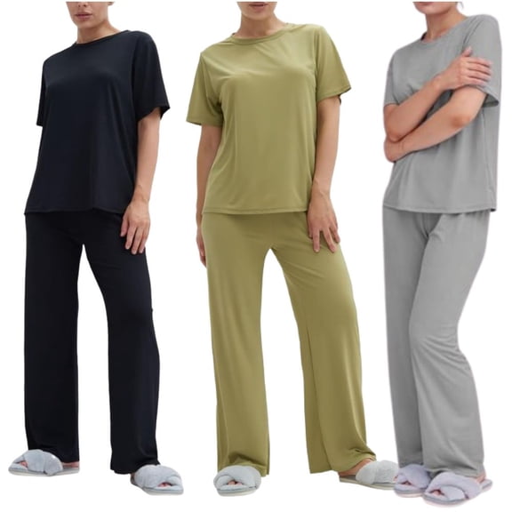 Women's Silky Short Sleeve Pajama Set with Top & Bottom (3 Sets)