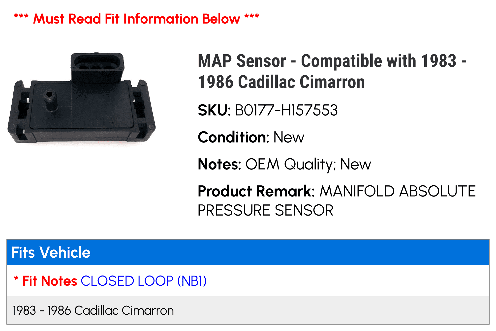 MAP Sensor - Compatible with 1983 - 1986 Cadillac Cimarron 1984 1985