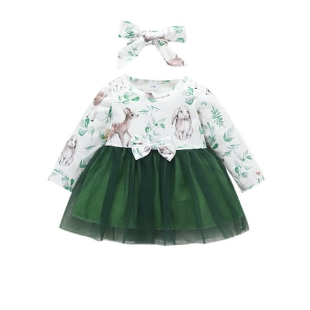 

Lumento Baby Swing Princess Party Dress with Headband Elk Print Two Pieces Outfits Sweet Bow Tie Spring Fall Dresses Green 3-6M
