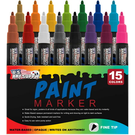 Water Based Premium Paint Pen Markers from U.S. Art Supply - 15 Color Set of Fine Point Tips - Permanent (Best Way To Remove Permanent Marker From Whiteboard)