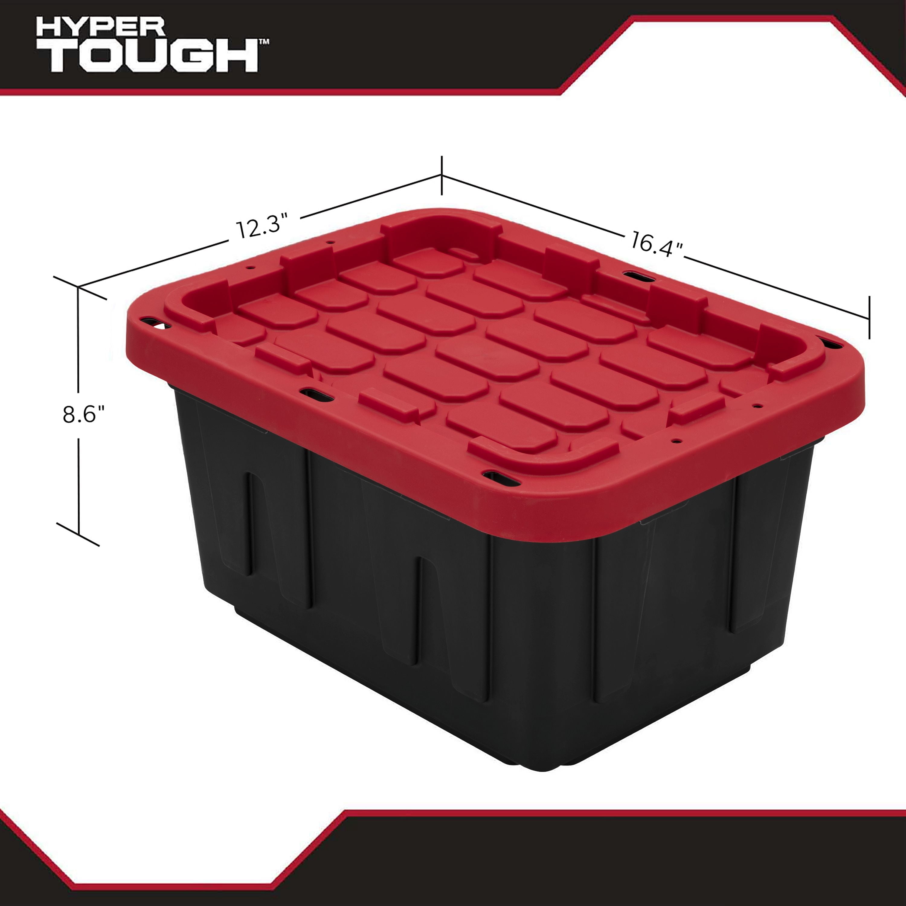 (Pack of 4) Hyper Tough 5 Gallon Small Storage Bin with Snap Lid, Black and Red, Heavy Duty Plastic Storage Container