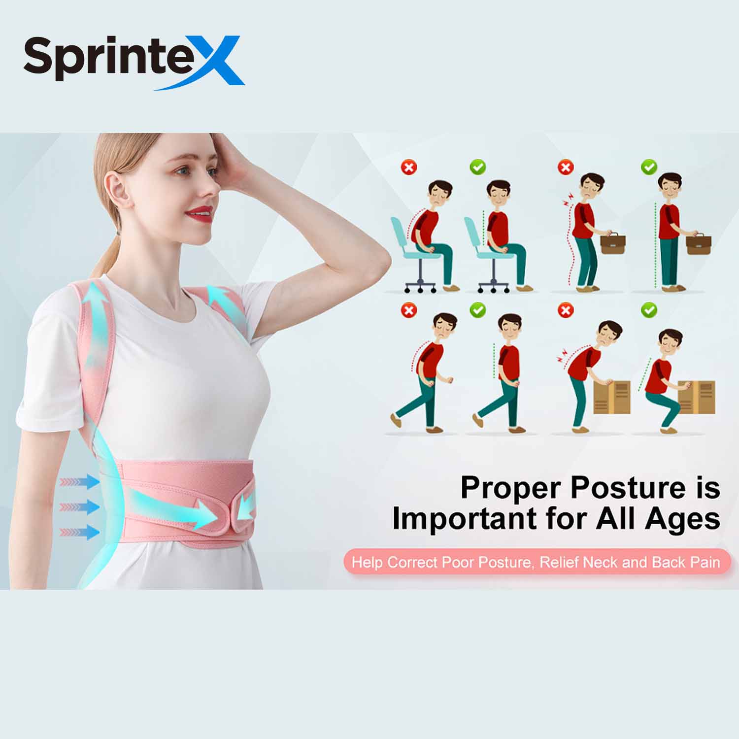 Sprintex Back Brace Posture Corrector for Women and Men, Shoulder Straightener Adjustable Back Support Upper and Lower Back Pain Relief - Scoliosis Hunchback Hump Thoracic Spine Corrector