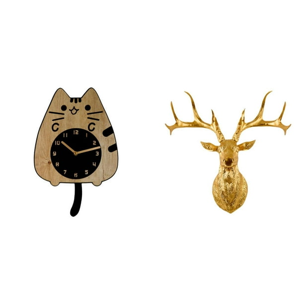 Reloj de pared,Reloj de pared decorativo con diseño de gato para sala de estar,silencioso,Estatua de cabeza de ciervo,Decoración de pared con cabeza de ciervo,animales,adorno para el