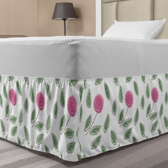 Rose Bed Skirt, Modern Pattern Pink Rose Blossoms with Spiral Designs and Green Leaves, Elastic Bedskirt Dust Ruffle Wrap Around for Bedding Decor, 4 Sizes, Pink Reseda Green White, by Ambesonne