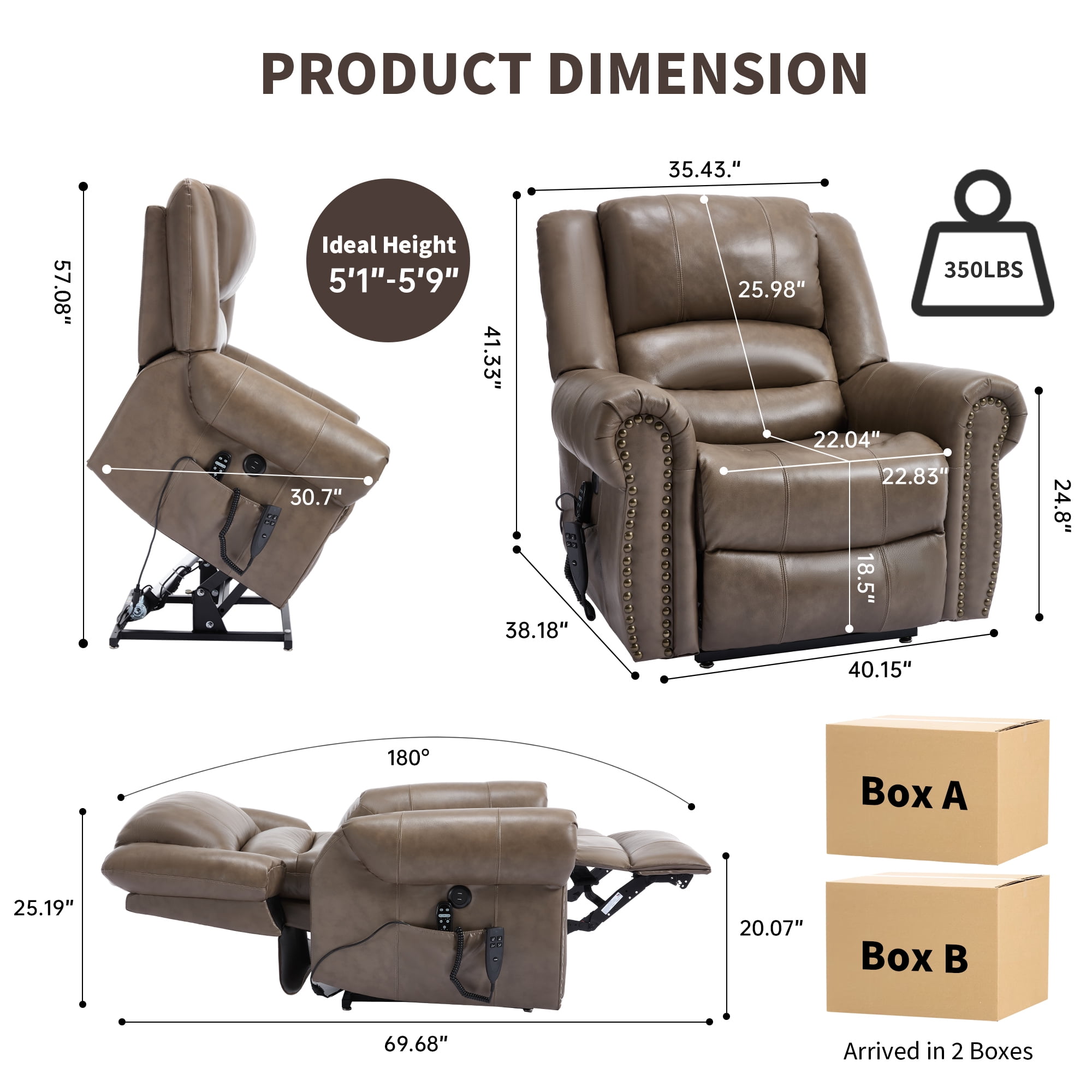 Alvantor Power Lift Recliner Chair for Elderly with Massage and Heat, Leather Lift Recliners Chair with USB Ports Brown