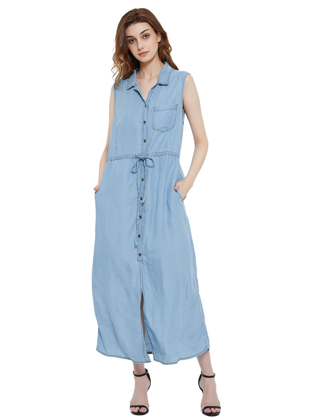 sleeveless denim shirt dress