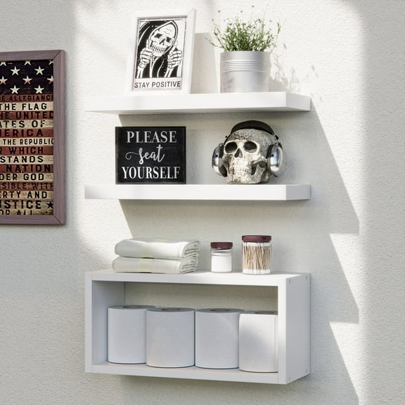 3-Piece Floating Shelves Set, Invisible Bracket Wall Shelves for Bathroom Over Toilet, White Wooden Shelves for Bedroom Living Room Kitchen Decor