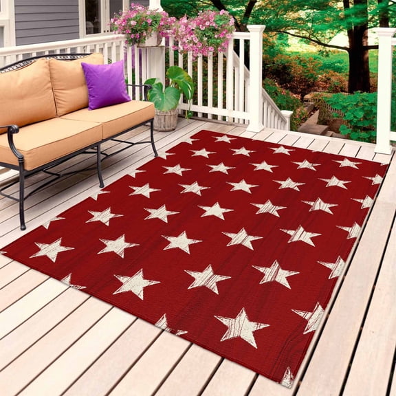 4th of July Outdoor Rug 3x5 Ft, Non Slip Washable Area Rug, Vintage Independence Day Red Star Patio Rugs Carpet Runner, Large Floor Mat for Indoor/Outdoor Deck Porch Camping
