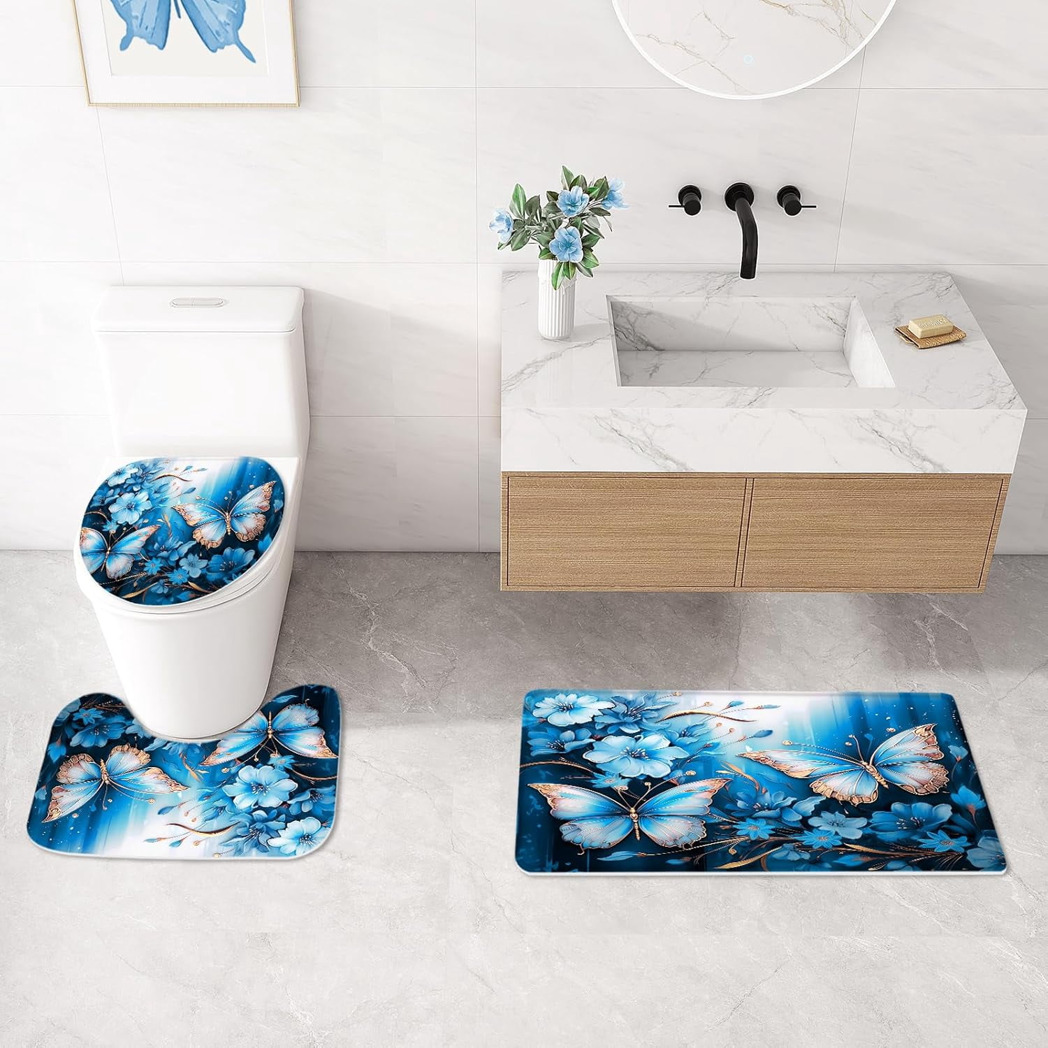 4 Pcs Navy Blue Floral Butterfly Shower Curtain Set with Non-Slip Rugs, Modern Toilet Lid Cover and Bath Mat, Elegant Bathroom Decor Set with Shower Curtain and Rugs(Hooks Not Included)