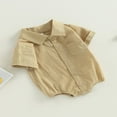 thumbnail image 3 of Newborn Baby Boy Dress Shirt Romper Cotton Linen Short Sleeve Button Down Pocket Bodysuit Onesie, 3 of 8