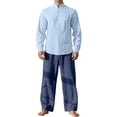 thumbnail image 2 of Ceisia Men's Loose Fit Cotton-Linen Like 2-Piece Set Stand-Up Collar Henley Long Sleeve Shirt with Elastic Waist Wide Leg Pants Gifts, 2 of 9