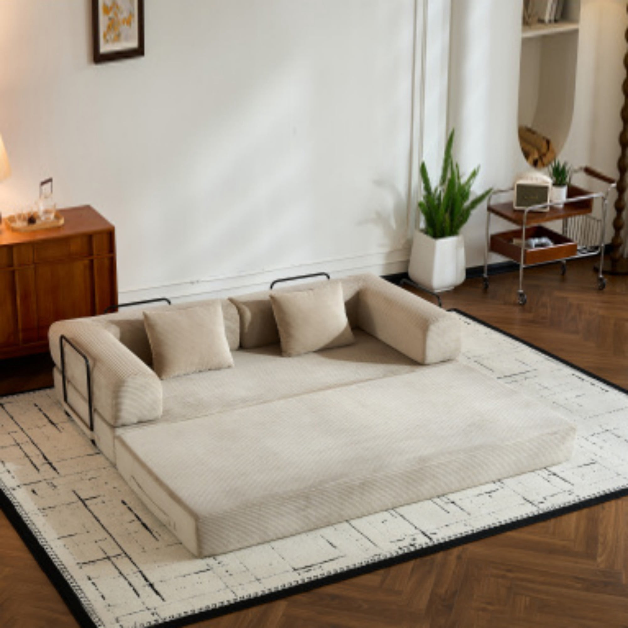 BSHTI 77" Corduroy Convertible Sleeper Sofa Bed with Cylindrical Pillow, No Assembly, Small Space for Living Room（Beige）