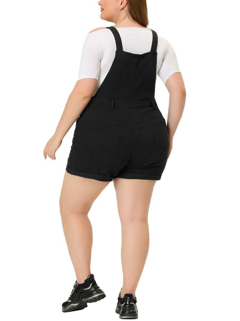 Agnes Orinda Plus Size Overall Shorts, Black Denim Jumpsuit
