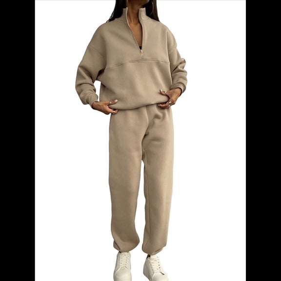 Women'S Sweatsuit Sets 2 Piece Fleece Outfit Half Zip Sweatshirt and Joggers Pants Tracksuit Khaki L
