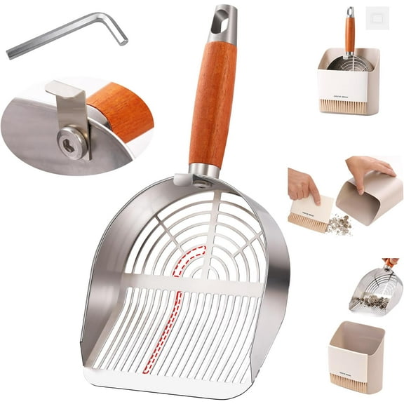 Stainless Steel Cat Litter Scoop with Holder, Small Broom & Dustpan - Durable, Anti-Break Handle, Dual-Width Holes for Quick Cleaning