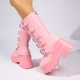 thumbnail image 6 of SACFOF Women's Pink Platform Boots Wedge Combat Gothic Chunky Heel Mid Calf Punk Motorcycle Shoes, 6 of 6