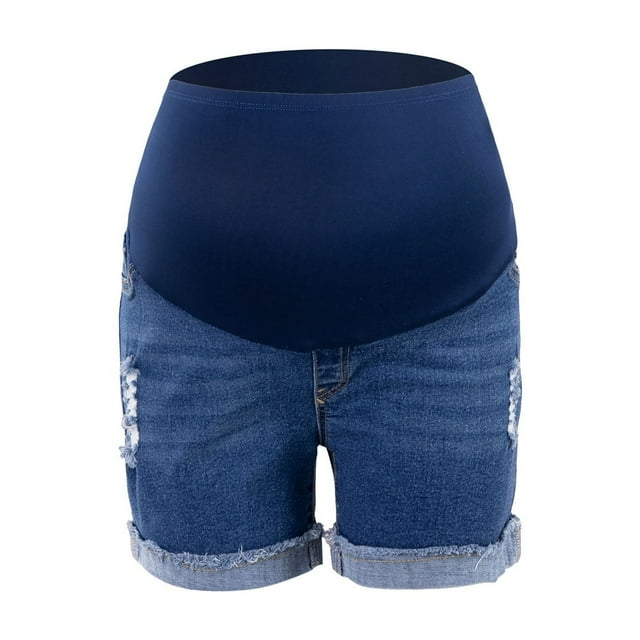 YDLCAFD Women's Maternity Adjustable High Waist Ripped Roll Up Hem Denim Mini Shorts With Pocket L