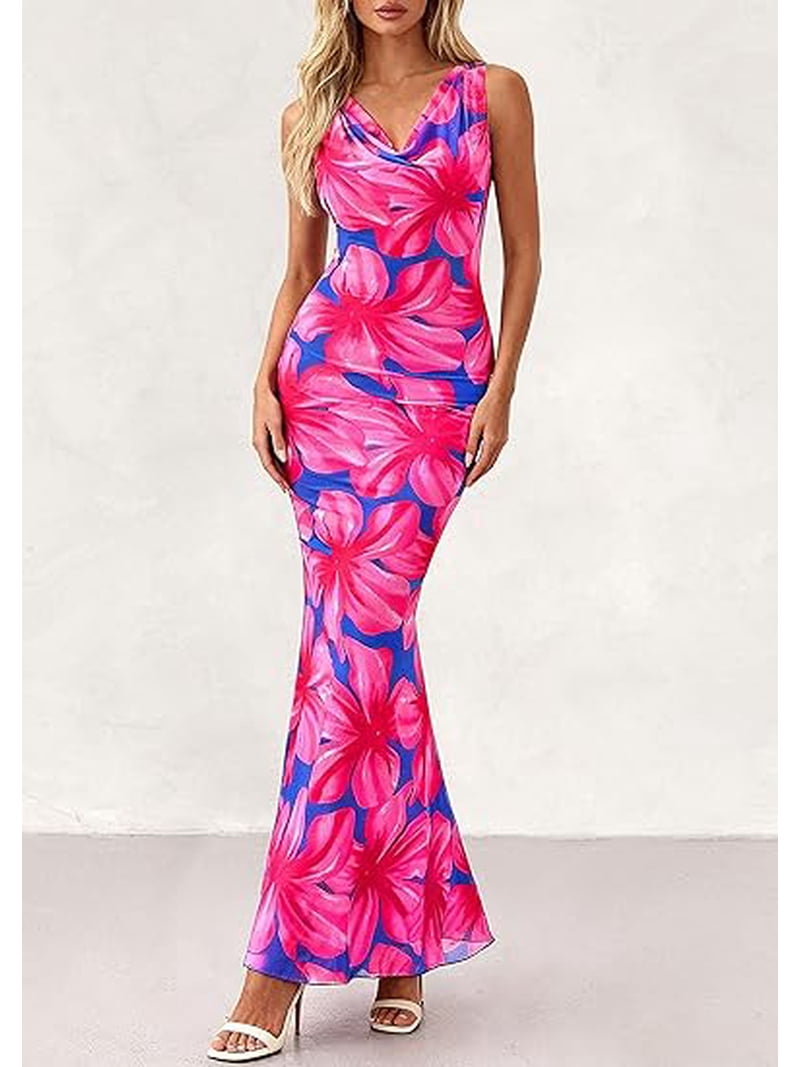 knee length dresses for ladies Delancy Cowl Neck Floral Maxi Dress Black