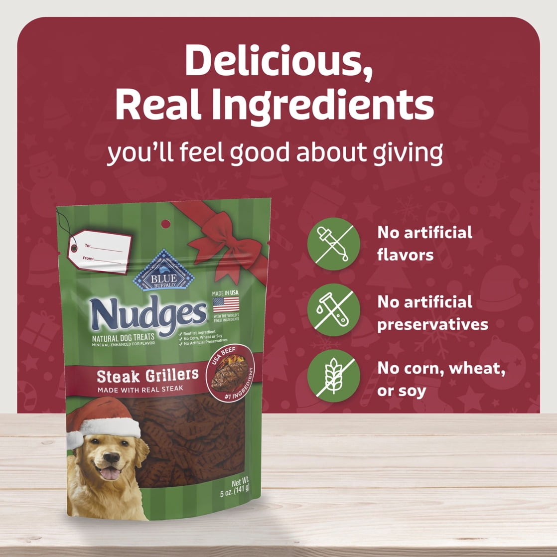 (2 pack) Blue Buffalo Nudges Steak Grillers, Natural Holiday Dog Treats, Beef, 5oz Bag