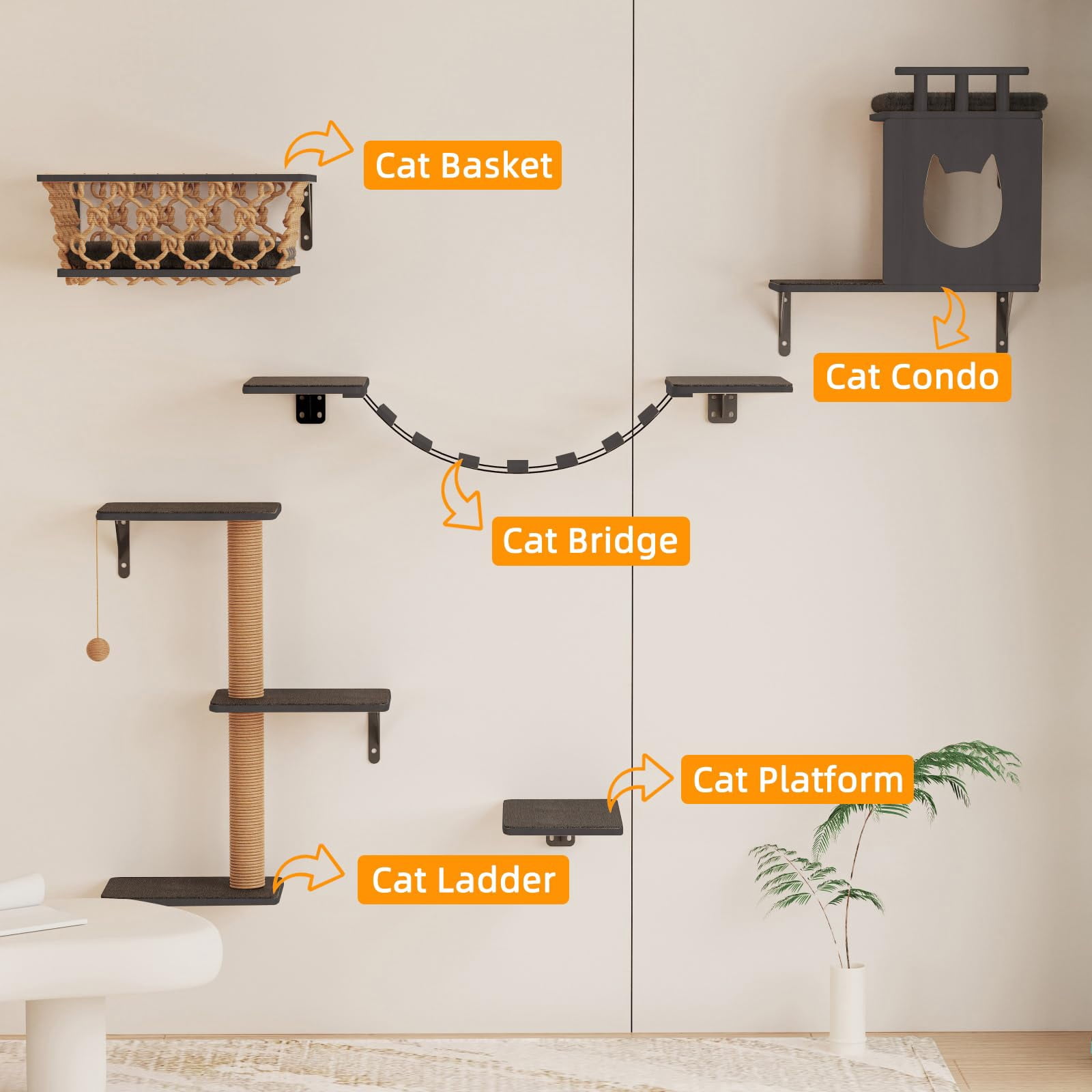 5-in-1 Cat Wall Shelves Set With Hammock  Wall-mounted Furniture Includes Condo Bridge Ladder & Steps For Indoor Cats Safe Stable (dark Gray)