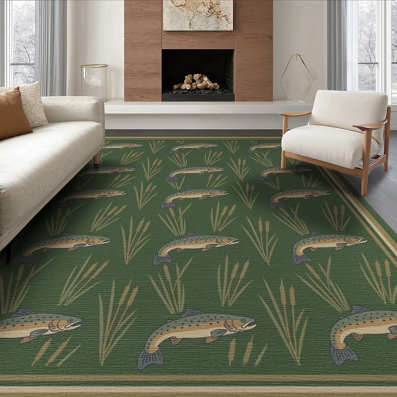 ODIKA 8'x10' Washable Area Rug Non-Slip Chair-Friendly Mat Fishing Lake Trout Nautical Border Lure Novelty Vintage Hooked Flowing Dynamic for Dining Room, Large Office, Lounge