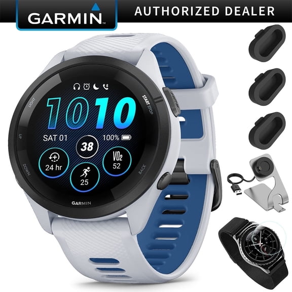 Garmin Forerunner 265 GPS Smartwatch, Whitestone/Tidal Blue Bundle with Deco Essentials Charging Dock for Garmin Venu 3   Silicone Dust Cover   Round Tempered Glass Screen Protector