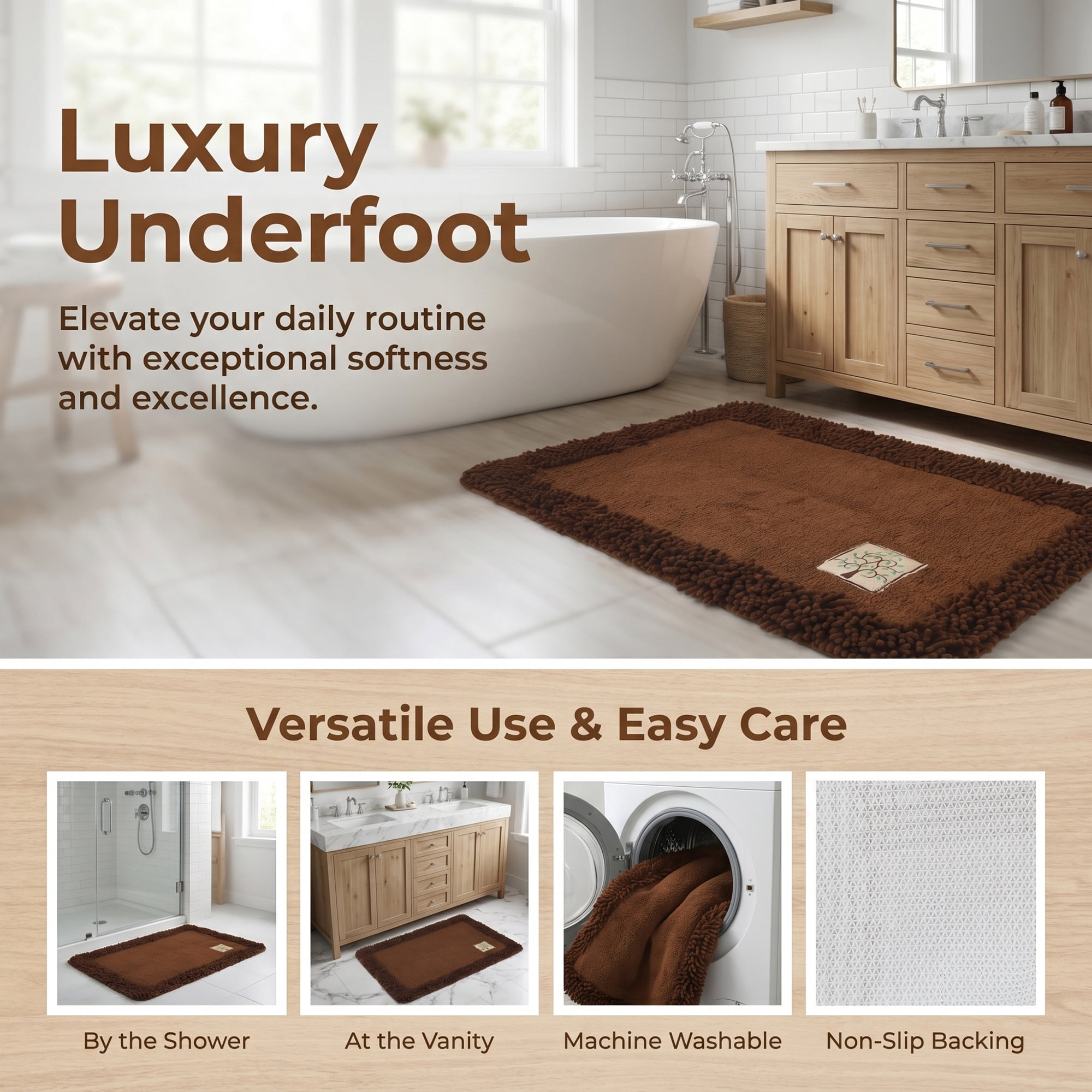 Unique Bargains Chenille Non Slip Bath Mat Ultra Soft Absorbent Shower Rug Khaki 24" x 16"