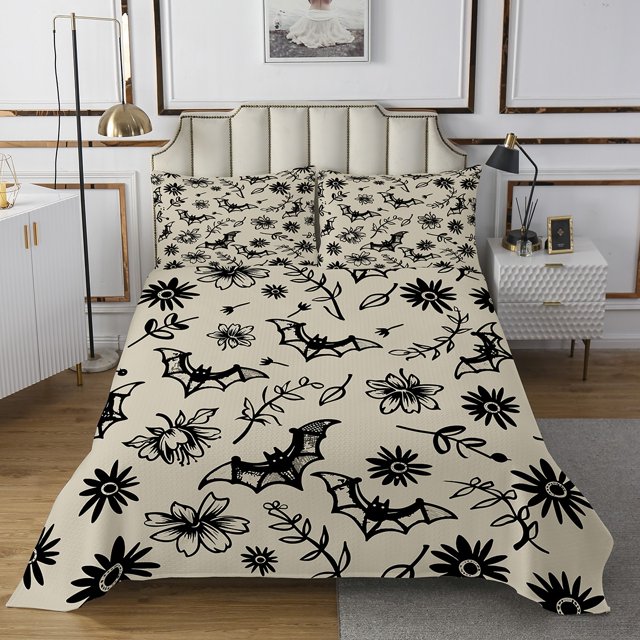 Erosebridal Cartoon Bat Coverlet Set King, Halloween Bedding Set, Boho Botanical Decor 3 Pieces