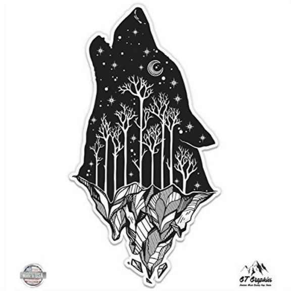 wolf howling moon celestial mountains - 3" vinyl sticker - for car laptop i-pad phone helmet hard hat - waterproof decal