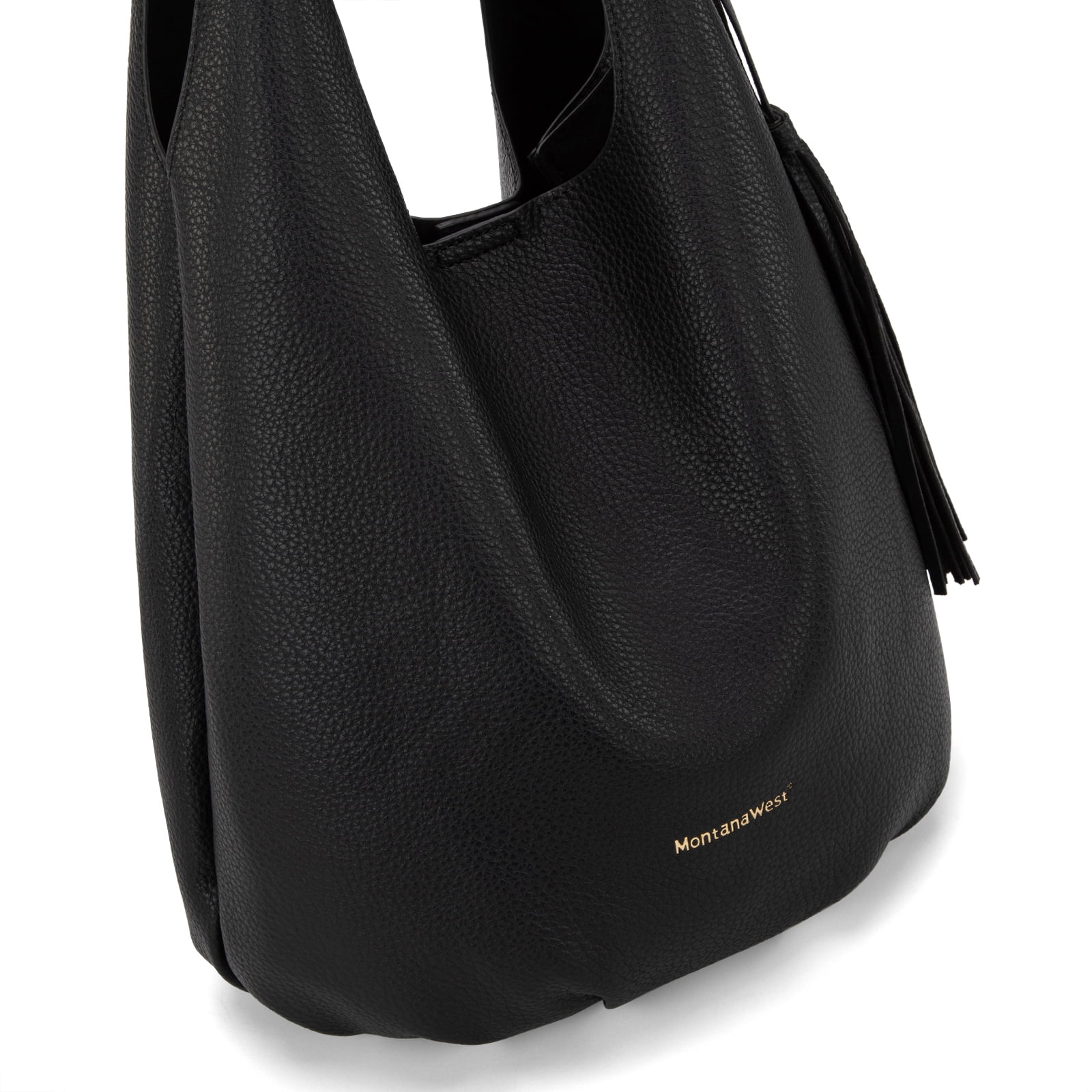 Montana West Slouchy Hobo Bags for Women 2PCS Tassels Handbags Shoulder Bag Set with Comestic Bag, Black