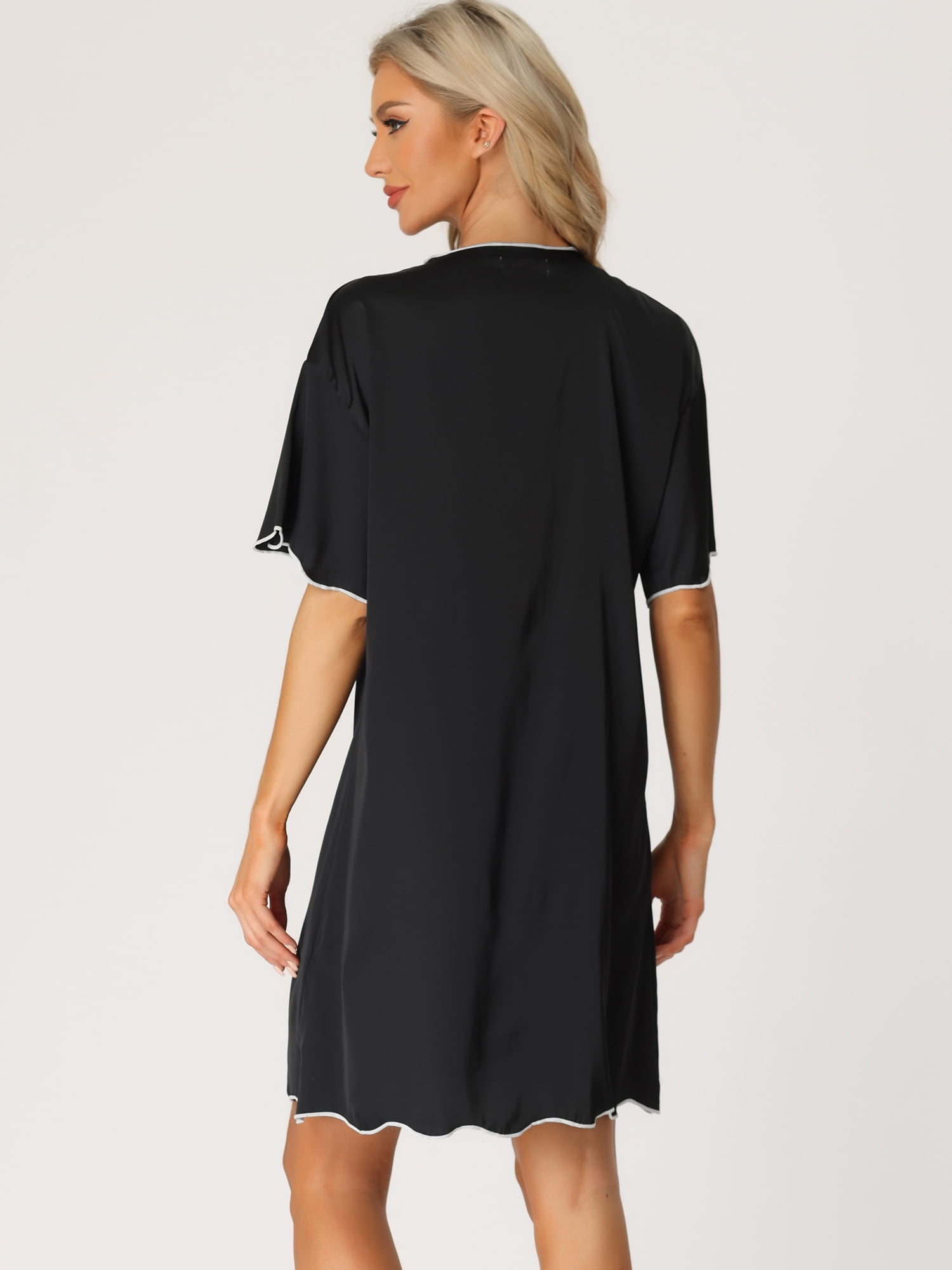 DARING DIVA Women's Satin Short Sleeve Button Down Pajama Nightgown XL Black