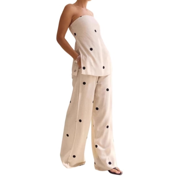 Women’s Polka Dot Tube Top and Wide Leg Pants 2 Piece Casual Outfit Set