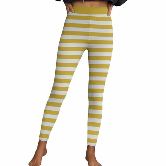 IWRICH Women's Striped Tights High Waisted Ankle Length Leggings Stretchy Soft Running Yoga Pants Yellow XL